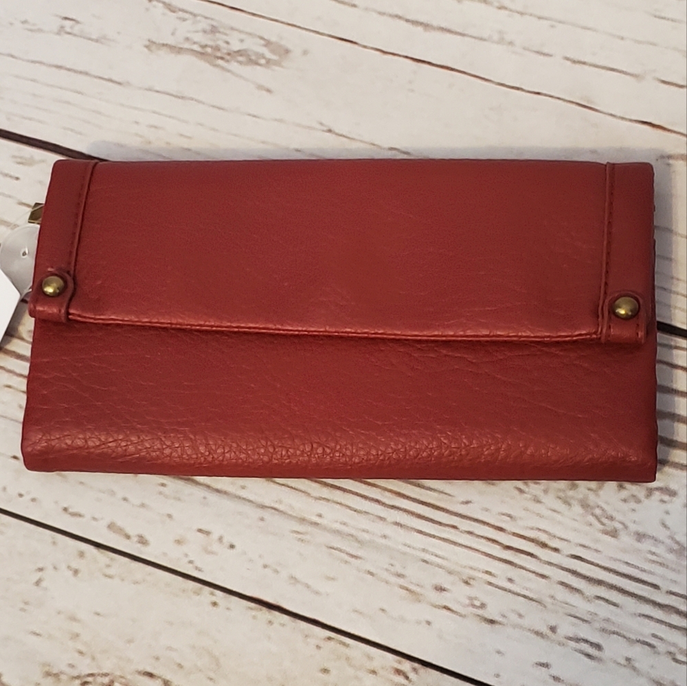 Time and Tru women's recycled materials vinyl tri-fold wallet red wine
